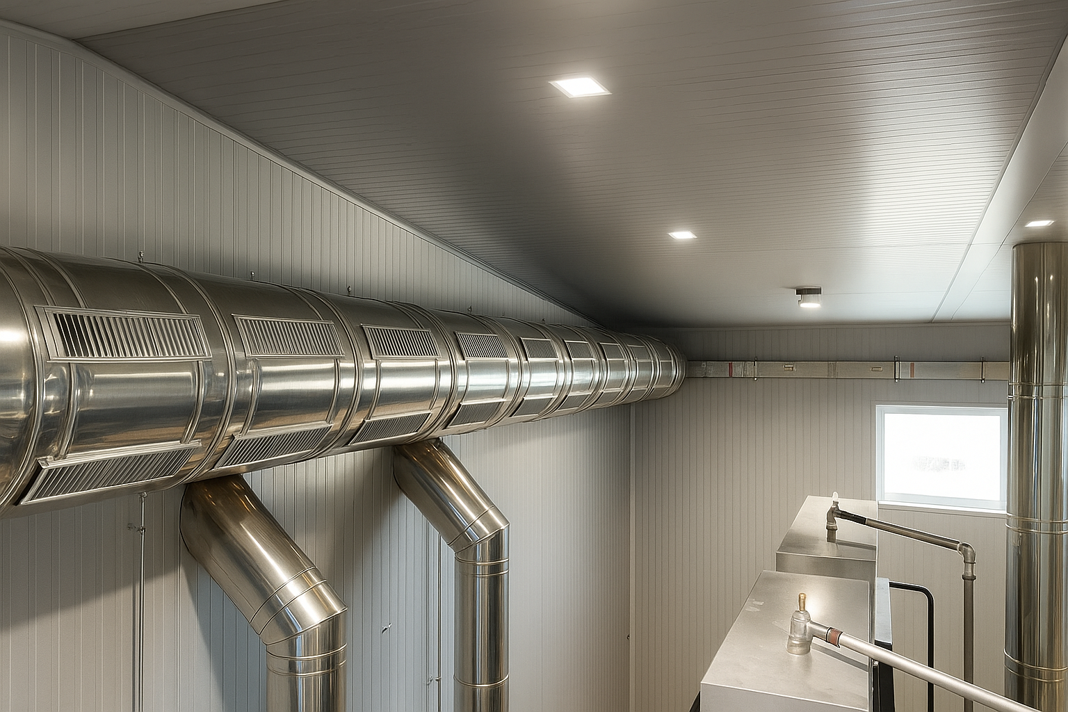 Red de conductos galvanizados en nave industrial